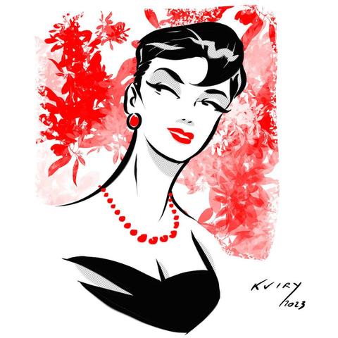 Esercizi di stile - N.002 - Una ragazza con taglio di capelli corti, collana di coralli e sfondo a fiori.