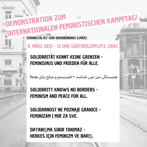 Flyer zum Internationalen Feministischen Kampftag am 08.03.2025: "Solidarität kennt keine Grenzen" in mehreren Sprachen