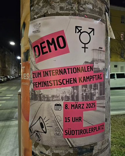 Demoflyer zum 08. März 2025 in Graz auf einer Säule; Start um 15:00 am Südtirolerplatz
