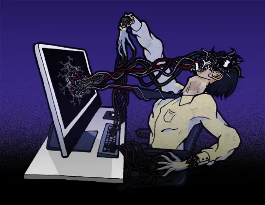 Das Bild zeigt eine Person die vor einem Computer sitt. Aus dem Bildschirm und der Tastatur heraus schießen Kabel heraus und umfassen den Kopf der Person. Ihre Hände sind abgerissen und hängen nur noch an einigen Drähten.

Grafik: Matthew Gaffen