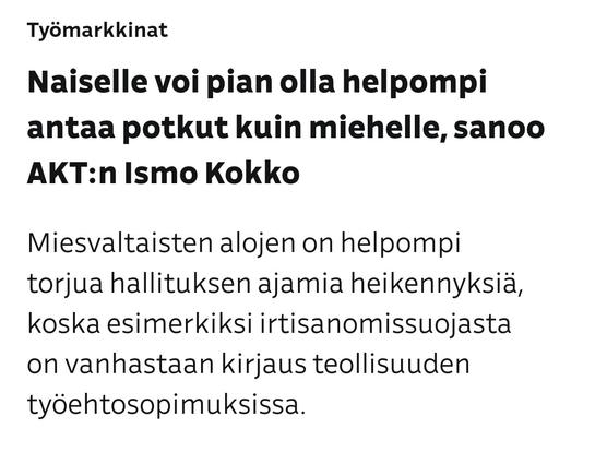 Kuvakaappaus artikkelista, jossa kerrotaan miten tulevaisuudessa naiselle voi olla helpompi antaa potkut