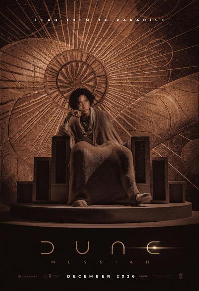 Paul Atreides sits on his throne, instrospective, and behind him the mural depicting the sandworm rising frames itself as a halo.