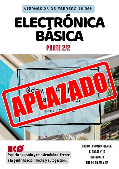 Cartel del evento de electrónica con un letrero de "aplazado".