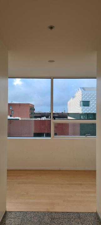 A partially visible, window at a t-junction at the end of a white walled office hallway. The window is framed in two equally large sections with a smaller one with a handle running along the lower third of the right one. 

The lower third of the view consists of a blind wall, mostly made of red brick.To far right a section with black brick. Because of the reflection of the window the left and right third look faded.

The red brick section is roofed with a pebbled roof which has several airconditioning units. On the left side of the roof a partly visible, three floor, red bricked, cuboid building with black windows and balconies on the right side. The wall facing the viewer has three small vertically staggered windows.

On the roof of the black part a slighly larger building with white plating, with a continuous  band of windows running along the bottom of both sides. The left side of the building has alternating high and low rows above the windows, making it look like someone put rows of whipped cream on it. The side facing the viewer has rows of domed dots, with the different rows being off centered forming an x pattern.

All this against a somewhat overcast blue sky.