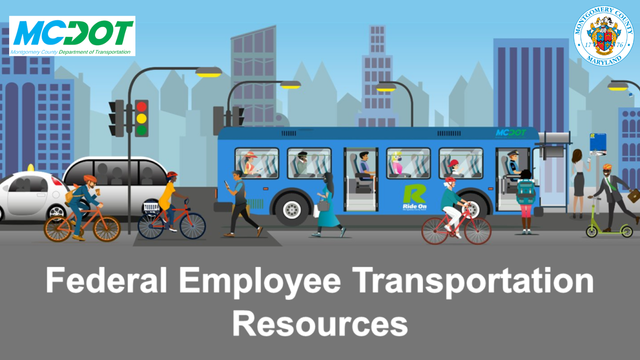 cityscape picture with tall buildings in the background - mcdot logo / montgomery county seal / ride on bus with people walking,riding scooters and bicycles and waiting for the bus