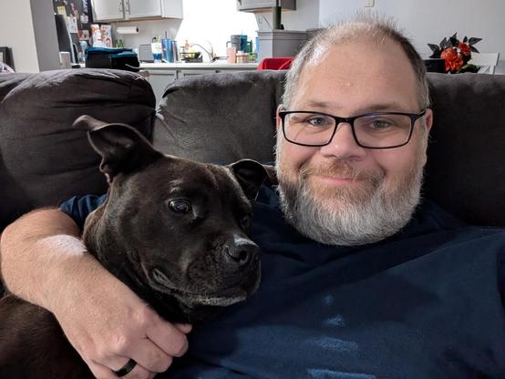 Selfie with Pepper (Black Lab / Staffy Mix) and I.