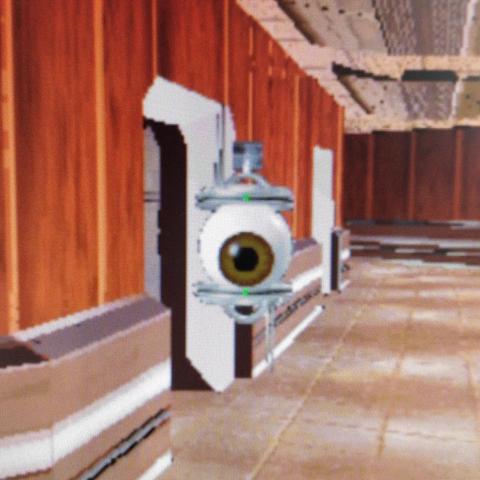 The patrol guard robot from Under A Killing Moon, which is a floating eyeball.