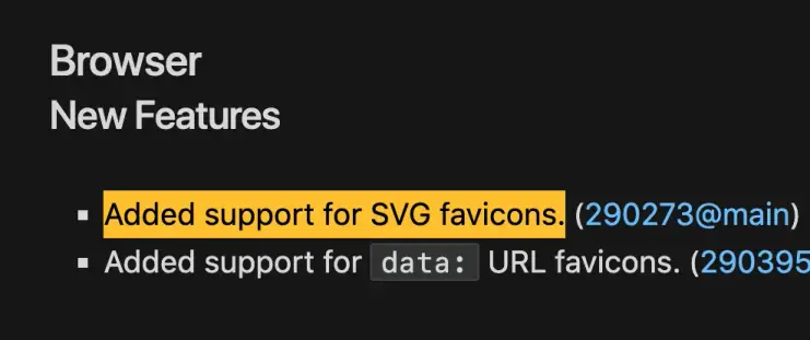 A screenshot of a small part of the release notes. Highligted text: Added support for SVG favicons.