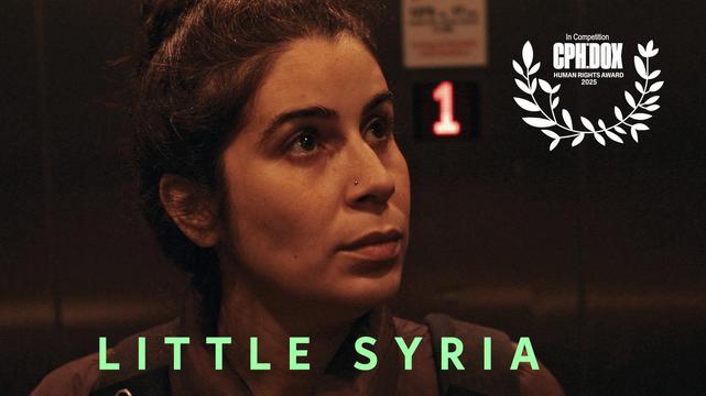A film still from the documentary Little Syria, showing filmmaker Reem Karssli in a dimly lit elevator.