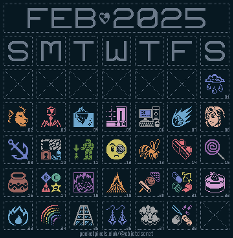 a pixel art calendar for February 2025 with a different illustration on each day, including a raincloud, a lion, a bacteriophage, an iceberg, a minimap, a blue-screened computer, a meteor, Rosa from FFIV, an anchor, a set of dungeon tiles, a giant robot with a human next to it, an emoji face with a monocle, a bee, a pair of shiny hearts, a lollipop, an earthenware pot, a set of icons with letters indicating rarity, a cavern, a pyre, an oden skewer, a set of emoji (pill, bow-and-arrow, jellyfish, baseball cap), a strawberry mousse, a flame, a rainbow, a tall apartment building, a pair of crystal earrings, a pair of smiling clouds, and a first aid kit (tweezers, pills, gauze, adhesive bandage).