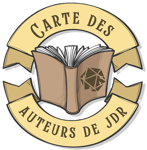 Un logo circulaire et jaune. Un livre au milieu et un disque autour avec le texte : Cartes des auteurs de JdR