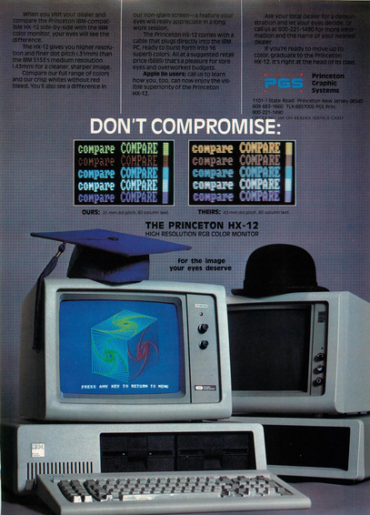 An advertisement for the Princeton HX-12 high-resolution RGB color monitor. The ad features a comparison between the Princeton HX-12 monitor and another monitor, highlighting the superior clarity and color accuracy of the Princeton HX-12. The comparison shows the word 'compare' displayed multiple times on both monitors, with the Princeton HX-12's display being clearer and more vibrant. The ad also includes a picture of the Princeton HX-12 monitor on top of an IBM computer, with a graduation cap and a bowler hat placed on top of the monitors. The text in the ad emphasizes the benefits of the Princeton HX-12, such as higher resolution, finer dot pitch, and non-glare screen. The ad is from Princeton Graphic Systems, located in Princeton, New Jersey