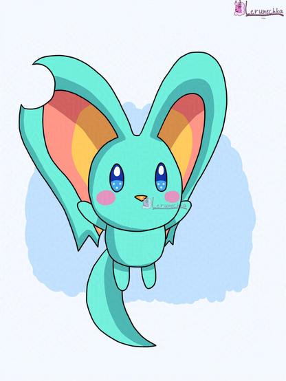 A drawing of a teal chinchilla with big ears, has blue eyes, orange nose, pink cheeks, floating. Has no mouth.