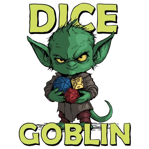 A small green goblin, holding some polyhedral dice accompanied by the text "Dice Goblin" in an cartoon illustrative style.