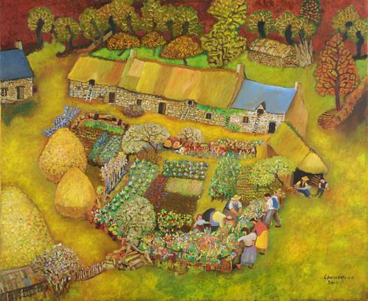 Une ferme, son potager, ses meules de foin en train de sécher, et des villageois s'afférant autour de plants de fleur. Peinture sur toile de Lucien Pouedras 2009