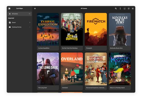 A screenshot of the Gnome app Cartridges, a game launcher for different games on your machine.
