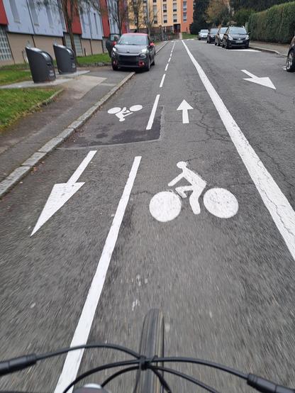 Voiture stanionnée sur un trottoir et une voie cyclable.