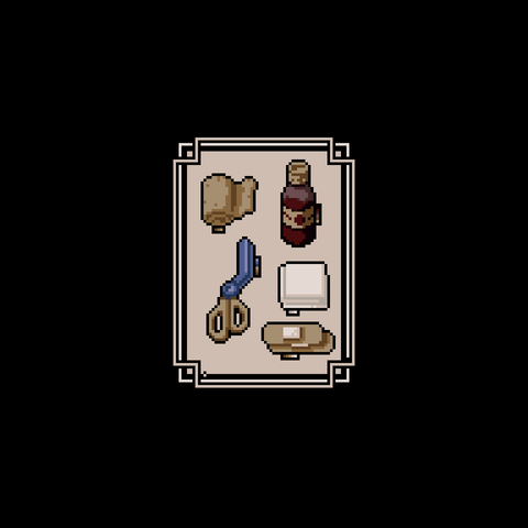 A set of first aid items from top left a roll of bandage top right a bottle of antiseptic, bottom left a bent scissors, to the right a pile of cotton swabs and bottom right band aids.