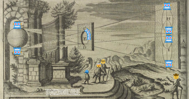Illustration pour la newsletter Technoculture : une gravure du siècle dernier représentant un effet d'optique détournée avec des emojis robots. La tête des personnages qui regarde cette expérience dessinée dans les airs a été remplacée par des émojis (casquette pour l'enfant, tête qui explose pour celui qui apprend, emoji lunettes pour celui qui enseigne, emoji chapeau d'aventurier pour celui qui les emmène plus loin).