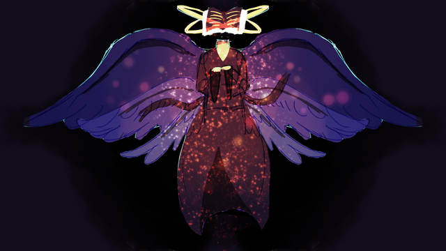 A digital sketch, colored with basic flats and shading, of an angel holding their hands out to the audience, as if offering something. They have a book with black pages and gold lettering for a head. They have a halo that crosses over itself, forming an "x" around their book head. They have three sets of black wings and are wearing tattered black robes. Their legs are not visible, or missing from their body. Bokeh covers the image.