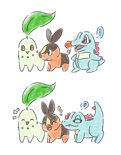 pokemon fanart of z-a starters: chikorita, tepig, and totodile. the first two are quadrupedal, so totodile stands on all its fours to match them