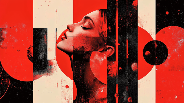 Rêverie Rouge
Portrait abstrait et géométrique d’une femme en profil, fusionnée avec des formes graphiques rouges, noires et beiges, évoquant une atmosphère contemporaine et minimaliste.
Abstract and geometric portrait of a woman in profile, blended with red, black, and beige graphic shapes, evoking a contemporary and minimalist atmosphere.