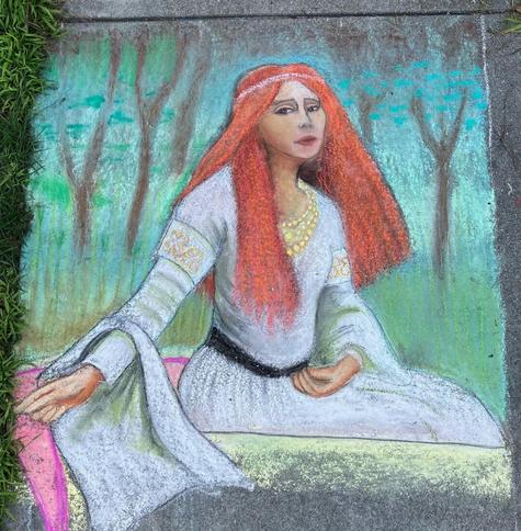 A chalk drawing on pavement, based on John William Waterhouse's The Lady of Shalott (1888); a woman with voluminuous red hair, looking sad, wearing a white dress, seated in a boat