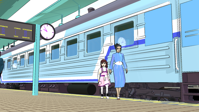 AFTER
Lines masked out in compositing (also the screen text is gone now, because this is the finished, composited output).

Nothing else has changed. We still see Georgiana and Hiromi walking along the platform in front of the train.