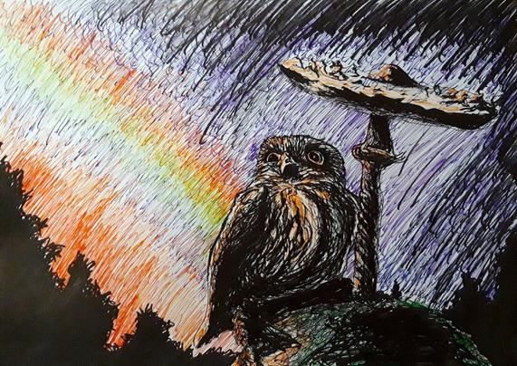 The drawing is in horizontal orientation. There's a tiny owl, A large mushroom, a rainbow, some moss and tree silhouettes. It's raining. The owl is standing underneath a large mushroom. The mushroom is likely a Macrolepiota. The mushroom is growing on top of a round ball shaped moss turf. It's raining diagonally from top-right to bottom-left. The owl is facing the viewer at a slight angle, with his head directed towards the viewer and it's body directed to the right of the viewer. The light comes from behind and to the left of the owl. There's a rainbow behind and to the left of the owl. The whole bottom area  of the image is filled with silhouettes of trees. The mushroom and owl are brown, the moss is green and the rainbow is bright and vivid.