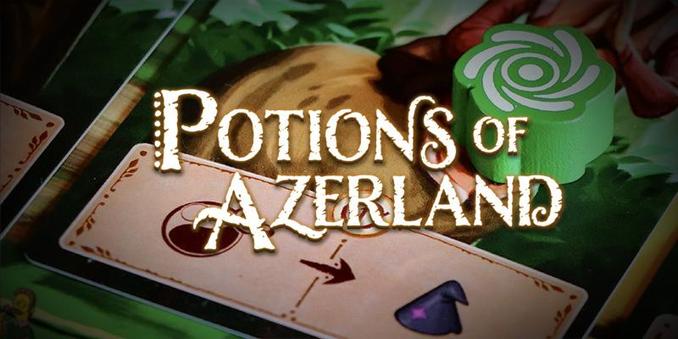 "Image d'un jeu de société avec le titre 'Potions of Azerland' affiché en lettres stylisées. On voit une carte de jeu avec une icône de potion et une flèche, ainsi qu'un pion vert en forme de spirale sur un plateau illustré aux couleurs de la nature."