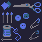 2 patches, sewing scissors, 3 pins, 3 buttons, a spool of thread, a needle and 2 safety pins - sewing kit items as 48 x 48 pixel art (resized to 144x144)