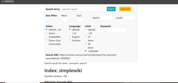 Screenshot of MOSAIC search interface demonstrated with a sample query on "semantic search"