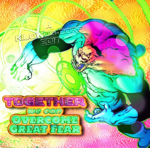 In a comic panel Green Lantern Kilowog fires a blast of energy from his power ring. A caption reads, "Together we can overcome great fear." A caption reads "A Kilowog-core Edit".