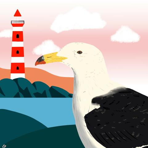 An Olrog's gull, a large seagull with a yellow beak with with a black-red tip, white body and very dark wings, in front of a coastal landscape with a lighthouse, cartoon style.