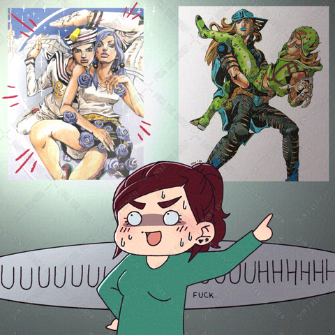 At one side there's the same Gyro and Johnny illustration, but at the other side there's now an illustration of Josuke (Gappy) and Yasuho, and the illustration is glowing. My chibi version is a bit hesitant and sweating looking at the glowing illustration, saying: "Uuuuuuuuuuuuuhhhhhhh... fuck".