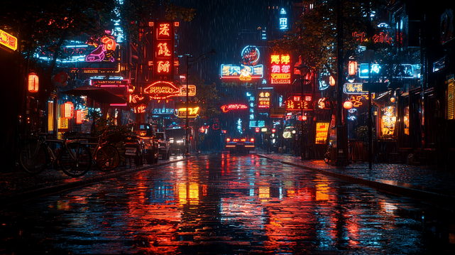 Mirage Nocturne.
Rue urbaine baignée de pluie sous les lumières vibrantes des enseignes néon, reflétant une ambiance cyberpunk immersive et futuriste.
Urban street soaked in rain under the vibrant glow of neon signs, reflecting an immersive and futuristic cyberpunk atmosphere.