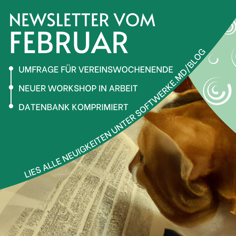 Das Bild zeigt zwei türkise Kreis-Ausschnitte vor dem Hintergrund einer rot getigerten Katze, die einen gedruckten Text zu lesen scheint. Der kleinere Kreis-Ausschnitt befindet sich an der oberen rechten Bild-Ecke und ist heller als der andere Kreis. Er enthält das weiße Logo der Softwerke Magdeburg in verschiedenen Größen und Varianten. Der größere Kreis-Ausschnitt erstreckt sich über den oberen linken Bereich des Bildes und ist dunkler als der andere Kreis. In diesem Kreis-Ausschnitt steht die Überschrift "Newsletter vom Februar" sowie untereinander dessen drei Themen-Schwerpunkte "Umfrage für Vereinswochenende, neuer Workshop in Arbeit, Datenbank komprimiert". Gebogen entlang der Unterkante des Kreises verläuft der Hinweis "Lies alle Neuigkeiten unter http://softwerke.md/blog".