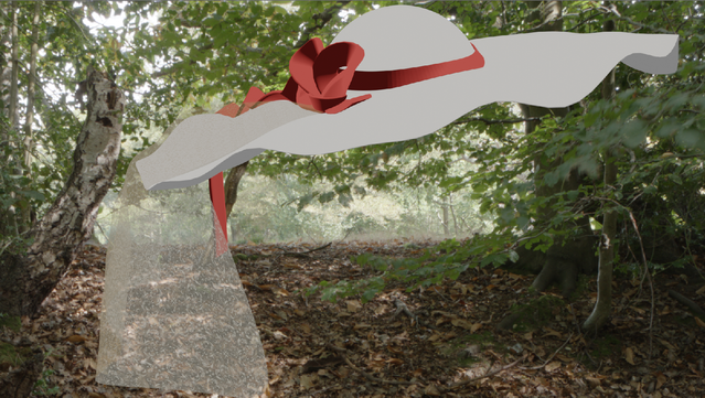 I piece of lace cloth is draped over the side of a ladies wide brimmed hat.