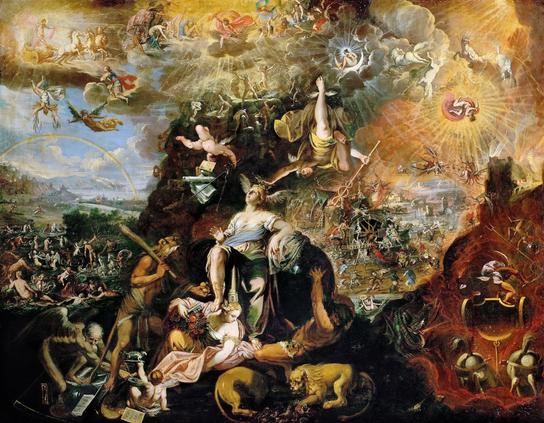 Nom : Allégorie de l'apocalypse
Auteur : Joseph Heintz le Jeune
Date : 1674
Type : Huile sur toile
Source : Musée d’histoire de l’art de Vienne
Commentaire : Dans le groupe central on voit Sapientia, montant sur Terra, couronnée par Mercure et se faisant offrir les pommes des Hespérides par Hercule. Elle rejette à sa gauche, Chronos avec les arts libéraux et à droite, Sisyphe/Atlas avec en bas, un couple de lions (sans doute Hippomène et Atlante pour poursuivre le pendant à Hercule). Autour d'elle, un cycle cosmogonique rappelant l'arcane de la Roue de la Fortune. On entend aisément pourquoi l'œuvre, évoquant l'obtention de la gnose, est fréquemment saluée par les hermétistes.