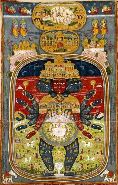 Nom : Krishna Vishvarupa
Auteur : Culture hindoue (Rajasthan, Inde)
Date : f.XVIII — d.XIX
Type : Aquarelle opaque rehaussée d'or sur coton
Source : Collection privée