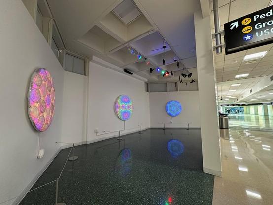 LED art panels (48" to 60" diameter) on display in airport gallery