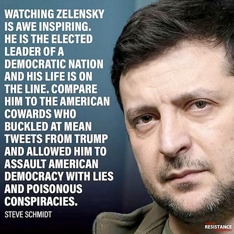 ZELENSKY ZUZUSEHEN IST BEEINDRUCKEND.
ER IST DAS GEWÄHLTE OBERHAUPT EINER DEMOKRATISCHEN NATION UND SEIN LEBEN STEHT AUF DEM SPIEL. VERGLEICHEN SIE IHN MIT DEN AMERIKANISCHEN FEIGLINGEN, DIE BEI DEN GEMEINEN TWEETS VON TRUMP EINKNICKEN UND IHM ERLAUBEN, DIE AMERIKANISCHE DEMOKRATIE MIT LÜGEN UND GIFTIGEN VERSCHWÖRUNGEN ANZUGREIFEN.
Steve Schmidt