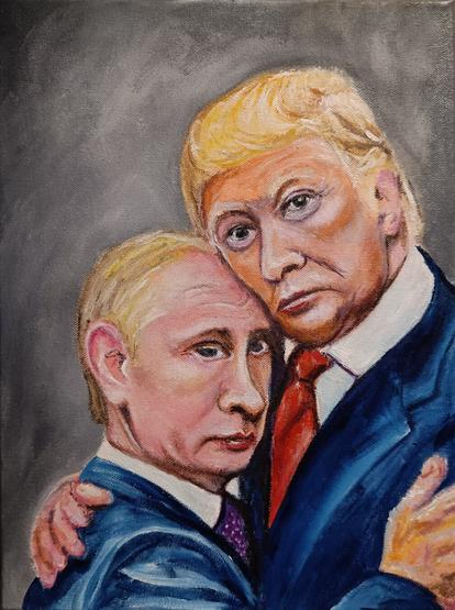 An oil painting of Putin and Trump hugging.
