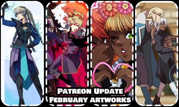 An advertisement banner for my Patreon showing 4 illustrations from feb cropped with dotted frames. The text reads Patreon Update, February Artworks.