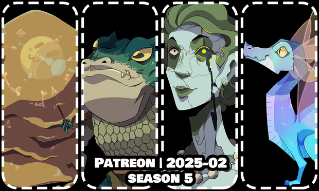 A collection of monster portraits including a jelly, a frog warrior, a living mannequin, and a fairy dragon. The text reads Patreon 2025-02, Season 5.
