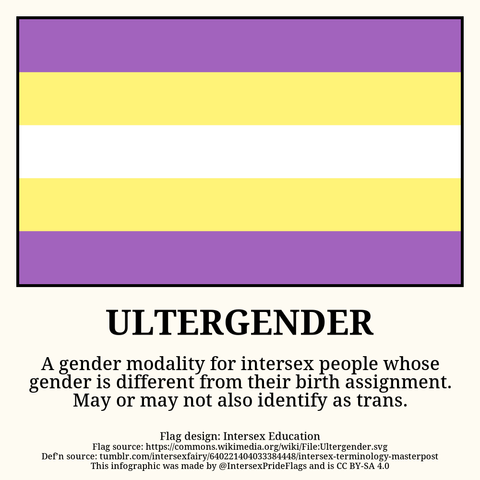 The trans flag but the pink is now purple and the blue is yellow.