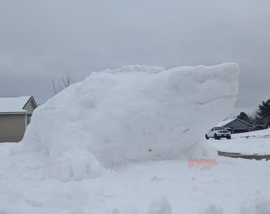 Photo from the front of an ankylosaurus made of snow