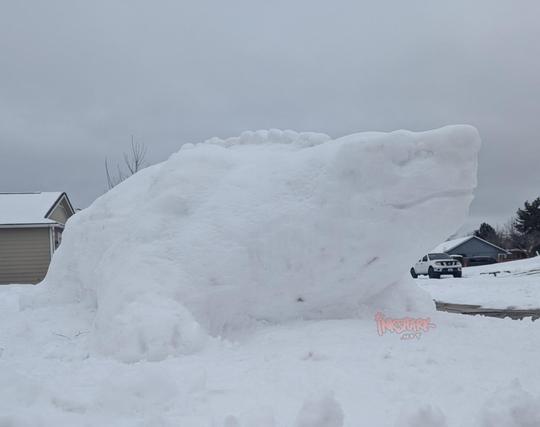 Photo from front of an ankylosaurus snow sculpture