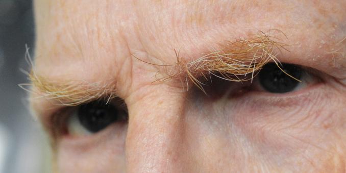 A close shot of my eyes and eyebrows.  Eyebrows are erratic, with long white and reddish hairs.
