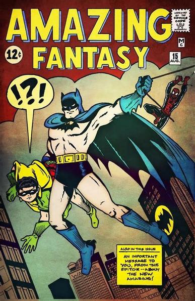 A coloured comic first page, “Amazing Fantasy” has Batman and Robin featuring Spiderman.